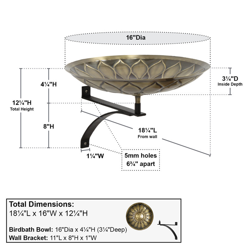 African Sunflower Birdbath with Wall Mount Bracket, Antique Brass