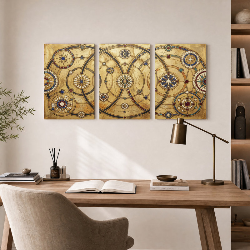 Ensemble de 3 toiles murales à motif de rose des vents en mosaïque dorée, 30"H x 20"W x 3pcs