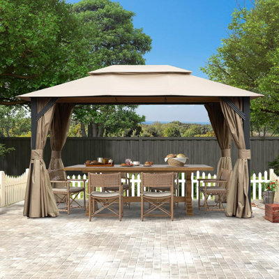 Pavillon de jardin extérieur de 10 pi x 13 pi pour le patio, abris de jardin en métal à toit souple avec double toit, tente de réception robuste avec moustiquaire et rideaux d'intimité pour la terrasse de jardin (brun)