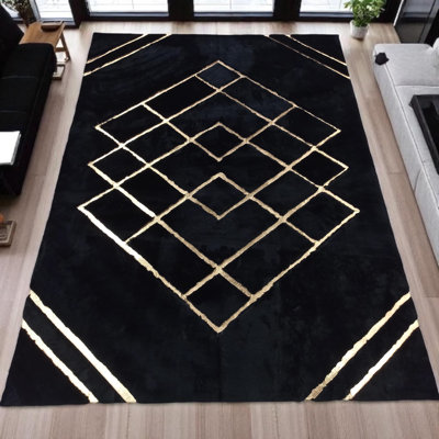 Black Gold Geometric Plush Rug, Modern Living Room Carpet