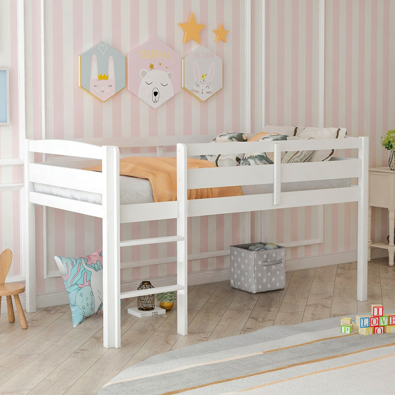 Twin Wood Loft Bed Low Loft Beds With Ladder,Twin,White(OLD SKU :WF286816AAK)