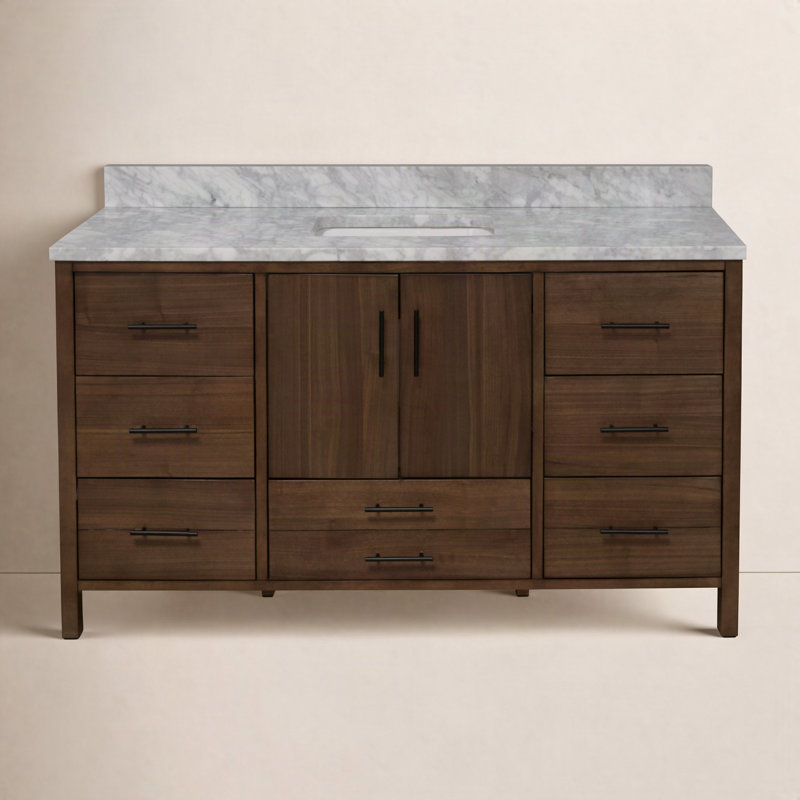Ensemble de meuble-lavabo simple 60 po Kiara, Placage noyer, Marbre de Carrare
