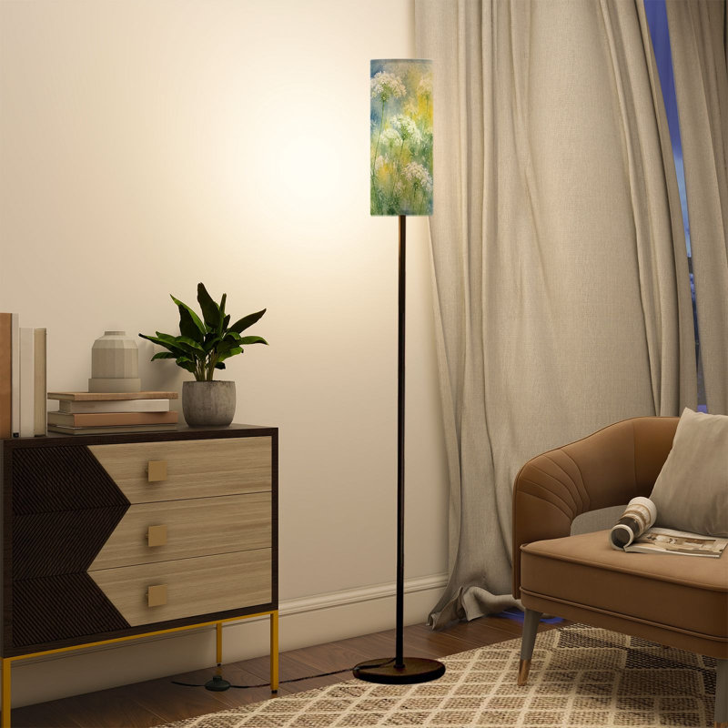 Lampe sur pied moderne avec télécommande, DEL à intensité variable et abat-jour réglable à motif floral doux, idéal pour le salon, la chambre ou le bureau.