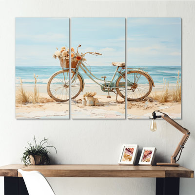 «Bicycle Tranquil Pedaling By The Beach V», reproduction sur toile 3 pièces