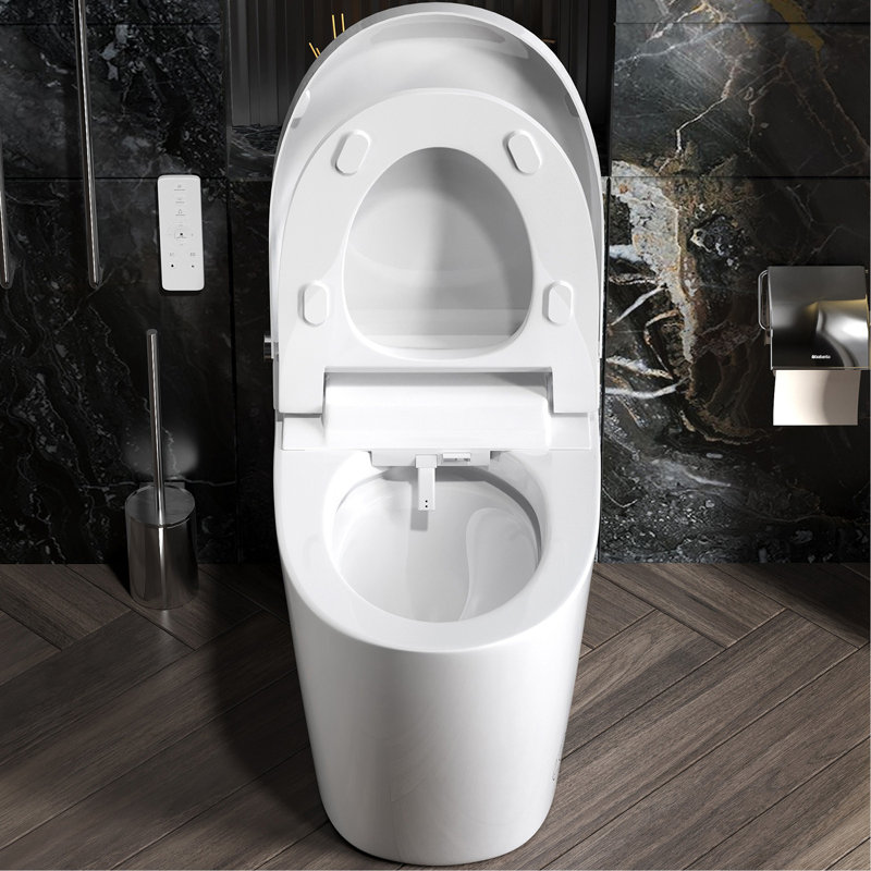 Toilette une pièce à bidet intelligente avec séchoir à air chaud, siège chauffant, veilleuse à DEL et chasse d'eau à capteur de pied