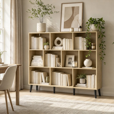 10-Cube Bookcase, 3-Tier Book Shelf with Solid Wood Legs, 140 cm Modern Bookshelf with Anti-Tip Kit for Bedroom, White