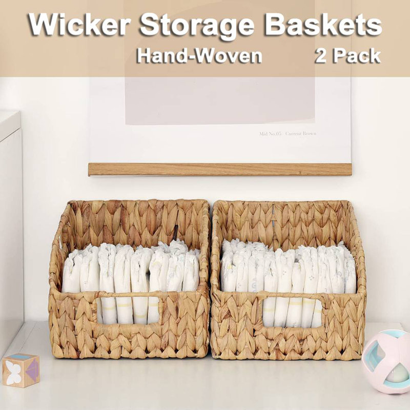 Storage Basket Wicker Baskets with Built-in Handles, 2 Pack Handwoven Rattan Bins