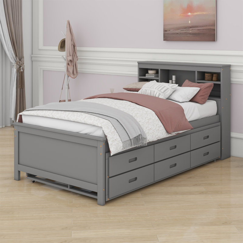 Lit plateforme avec tête de lit, USB, lit gigogne et 3 tiroirs, Gris