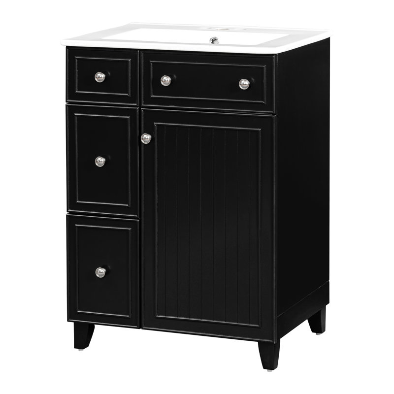 Armoire de meuble-lavabo 24 po avec lavabo en céramique, 2 tiroirs, 1 porte, Noir, noir, noir, noir, Argent argent