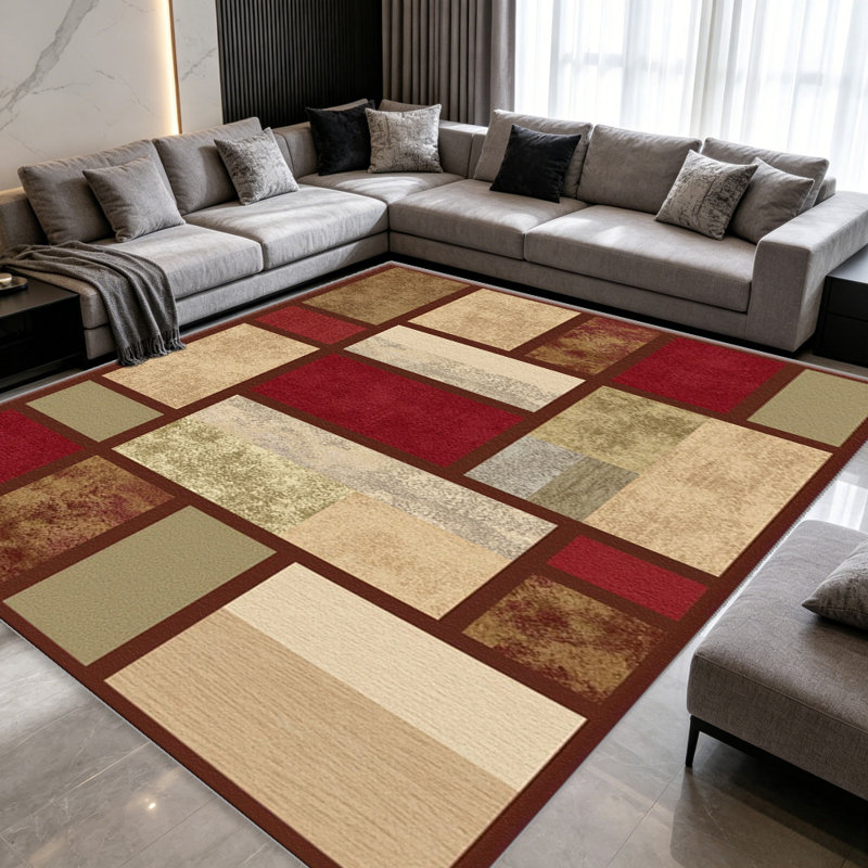 Red and Beige Geometric Blocks carpet-easy to clean, machine-washable, soft and comfortable; suitable for door mats, kitchens, living rooms, bedrooms, corridors, and laundry areas. Easy to clean, durable carpet for home decoration.