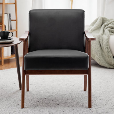 Chaise d'appoint Mid-Century moderne en similicuir noir - compacte et élégante pour tout espace de vie