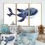 Baleine bleue sur blanc IV - ensemble d'art mural sur toile encadré nautique et côtier-2108238723-2108238727