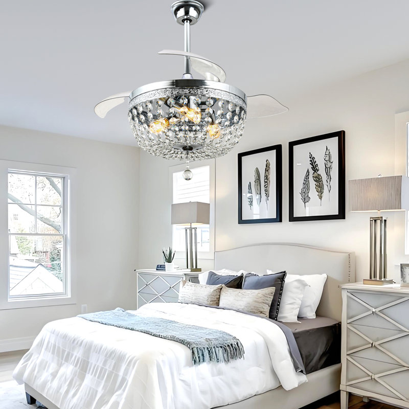 42" Crystal Ceiling Fan With Lights And Remote Control, 6-Speed Reversible DC Motor, Adjustable Height For Living Room, Bedroom