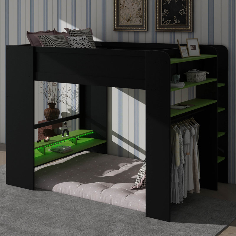 Full Size Wood Bunk Bed With Height-Adjustable Desk,Wardrobe,Ample Storage Space And RGB Light, Green
