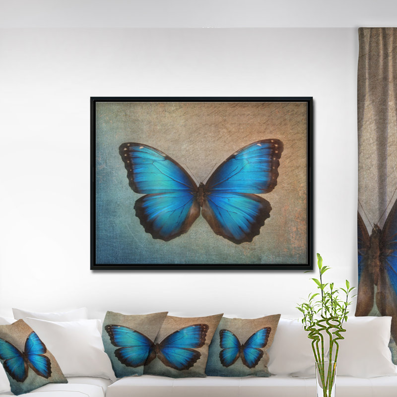 Floral, papillon bleu rétro, Impression sur toile - Papillon rétro, H 30 po x l 40 po x P 1,5 po, Toile avec cadre flottant