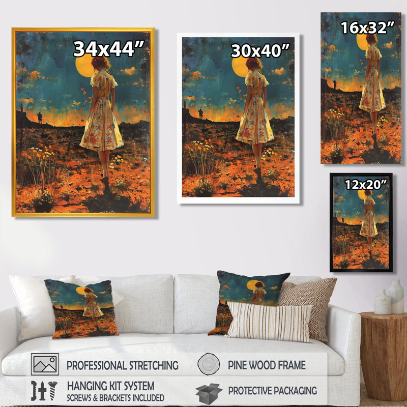 «Moonlight Memories Full Moon Prairie», art mural mode femme, Toile dorée avec cadre flottant, H 40 po x l 30 po x P 1,5 po
