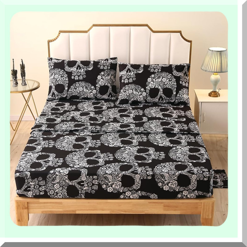 Gothic Skull Queen Bedding Set - 4 Piece Skeleton Sheet Set with Gothic Queen Bed Sheets and Bed in a Bag Queen - Spooky Bedroom Decor for Queen Size Bed