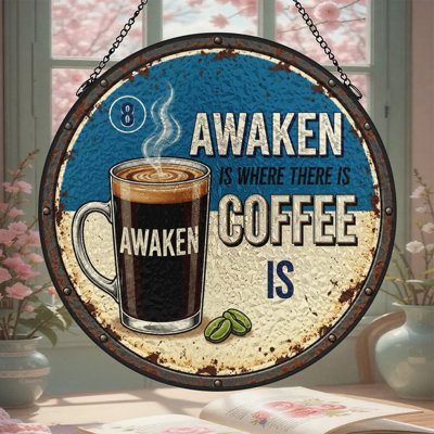 Panneaux de vitrail rétro Coffee Awaken Suncatcher pour décor de fenêtre