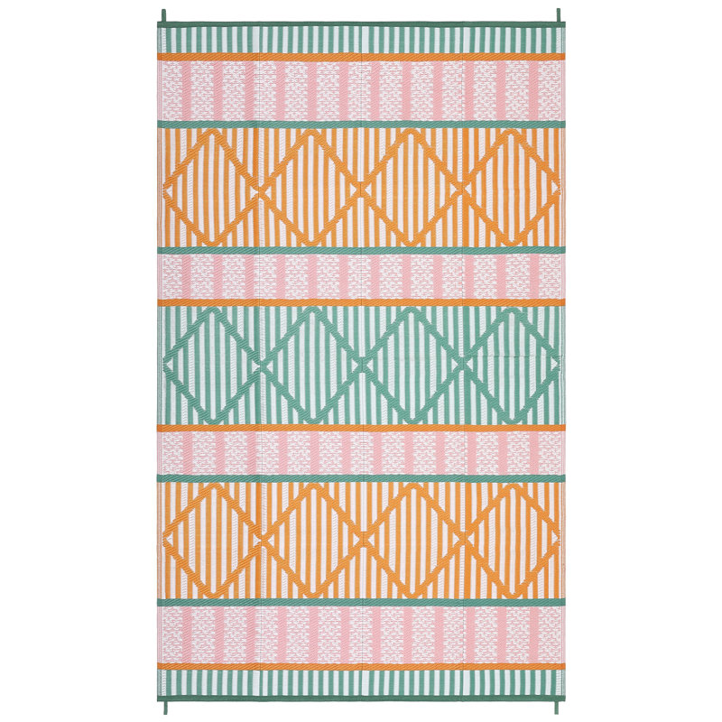 Reversible Waterproof Outdoor Rug – Durable Plastic Straw Patio Carpet, Easy Care & Collapsible, Modern Geometric Design – Garden, Deck, RV, Camping, Picnic, Beach – 9x12ft Orange/Green/Pink/White, USA Spec