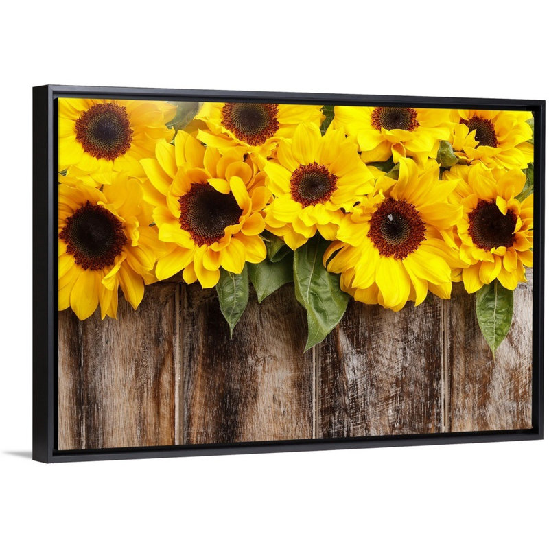 Tournesols sur fond en bois, art mural, H 48 po x l 32 po x P 1,75 po, Cadre noir