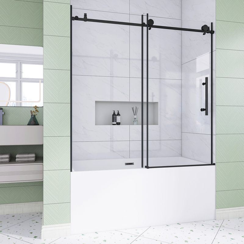56-60 In. W × 60 In. H Frameless Shower  With 1/4" Tempered Glass In Matt Black |  Explosion Proof Film |   Stainless Steel Handle