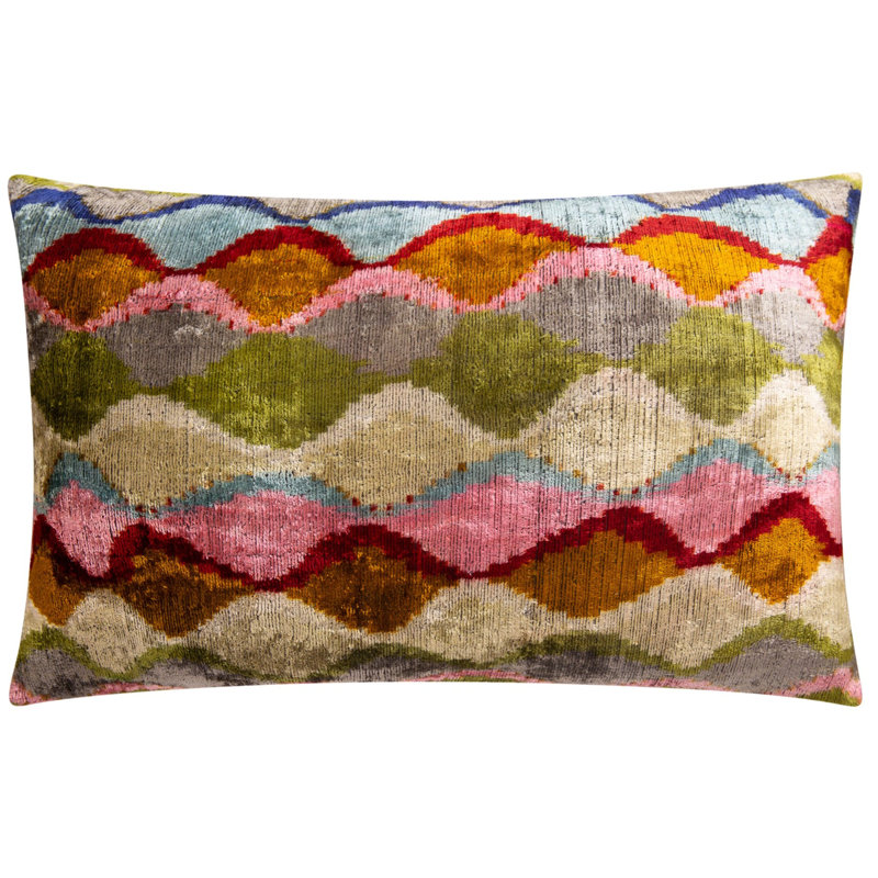 Luxury Handmade Silk Velvet Throw Pillow - 16X24 In, Multicolored Geometric Design With Down Feather Insert