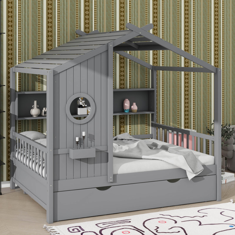 Lit de style contemporain contemporain en bois pleine grandeur, avec lit gigogne et tablette de rangement, Lit double, Gris