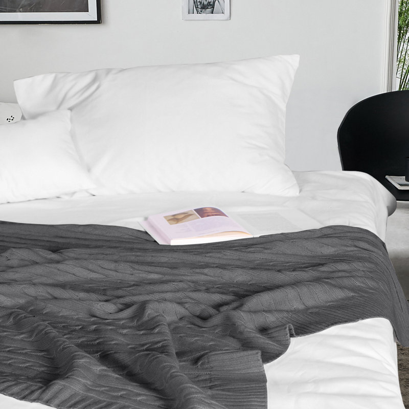 Plaid tricoté, 100 % coton pur, lavable à la machine, L 67 po x l 51 po, Gris