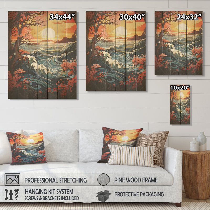 Vagues japonaises oranges au coucher du soleil II - coucher de soleil côtier sur bois, H 32 po x l 24 po