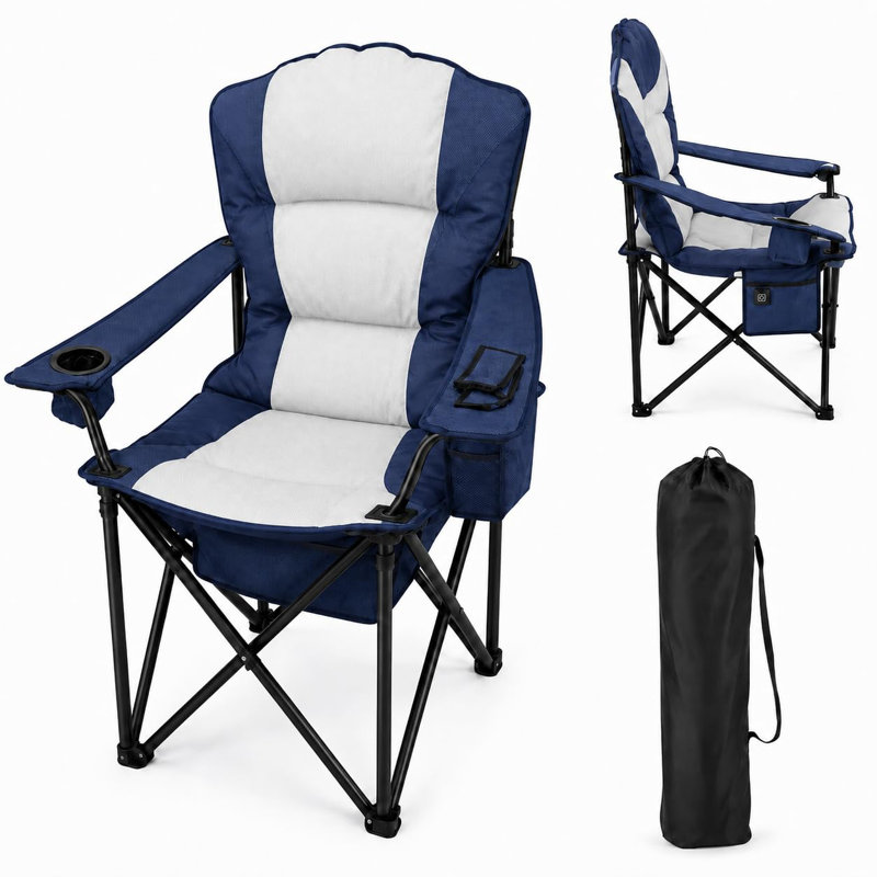 Chaise de camping portative avec 3 niveaux de chauffage et dossier, siège pliable alimenté par USB, beige et bleu., Beige