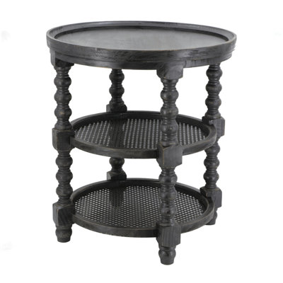 D23.5 X 25" Round Three Tiered Side Table With Rattan Shelf, Black