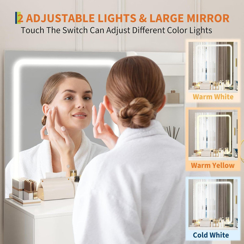 Bureau de meuble-lavabo avec miroir éclairé et prises de courant - Table de maquillage moderne avec tabouret de rangement, 4 tiroirs et support pour sèche-cheveux, meuble-lavabo à DEL de 37 po pour la chambre à coucher
