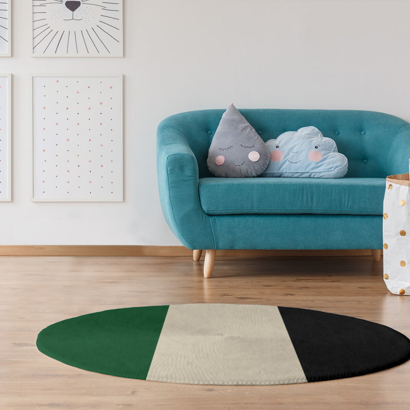 Tapis de zone/black vert/crème rayé, Rond 5 pi