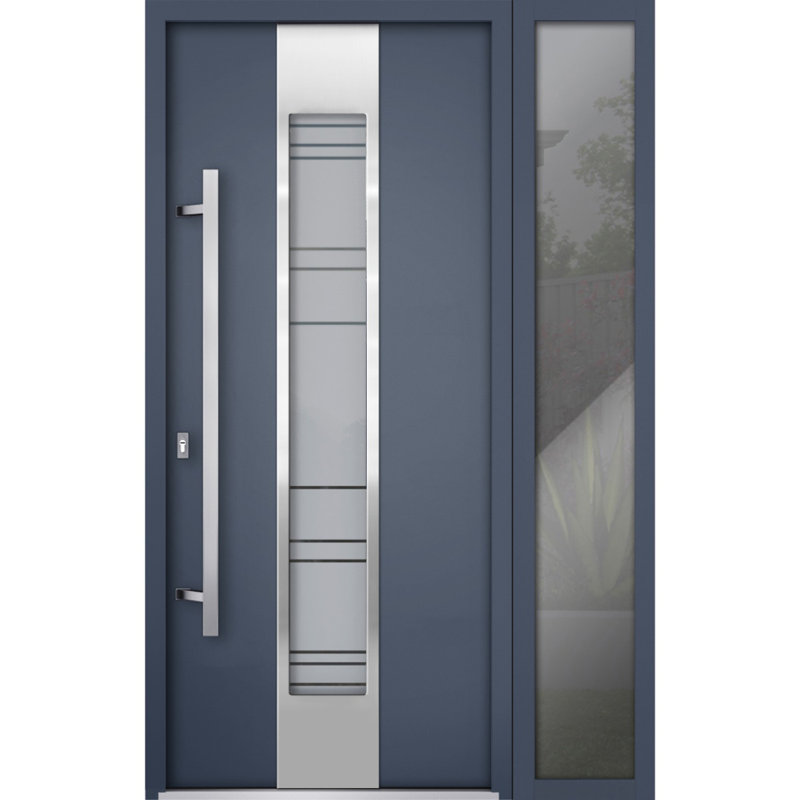 Porte avant en acier pré-suspendue à l'avant / deux graphite gris 0757 / fenêtre extérieure latérale / inserts en acier inoxydable peints simples modernes - l 36 po x H 80 po - Gauche