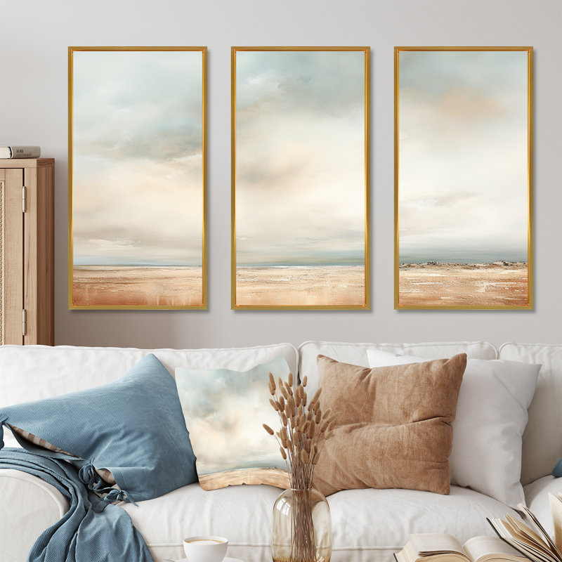 «Beige tempête pré», ensemble d'art sur toile, Cadre flottant doré, H 40 po x l 60 po x P 1 po
