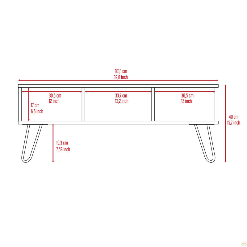 Table basse, pieds en épingle à cheveux, deux tablettes