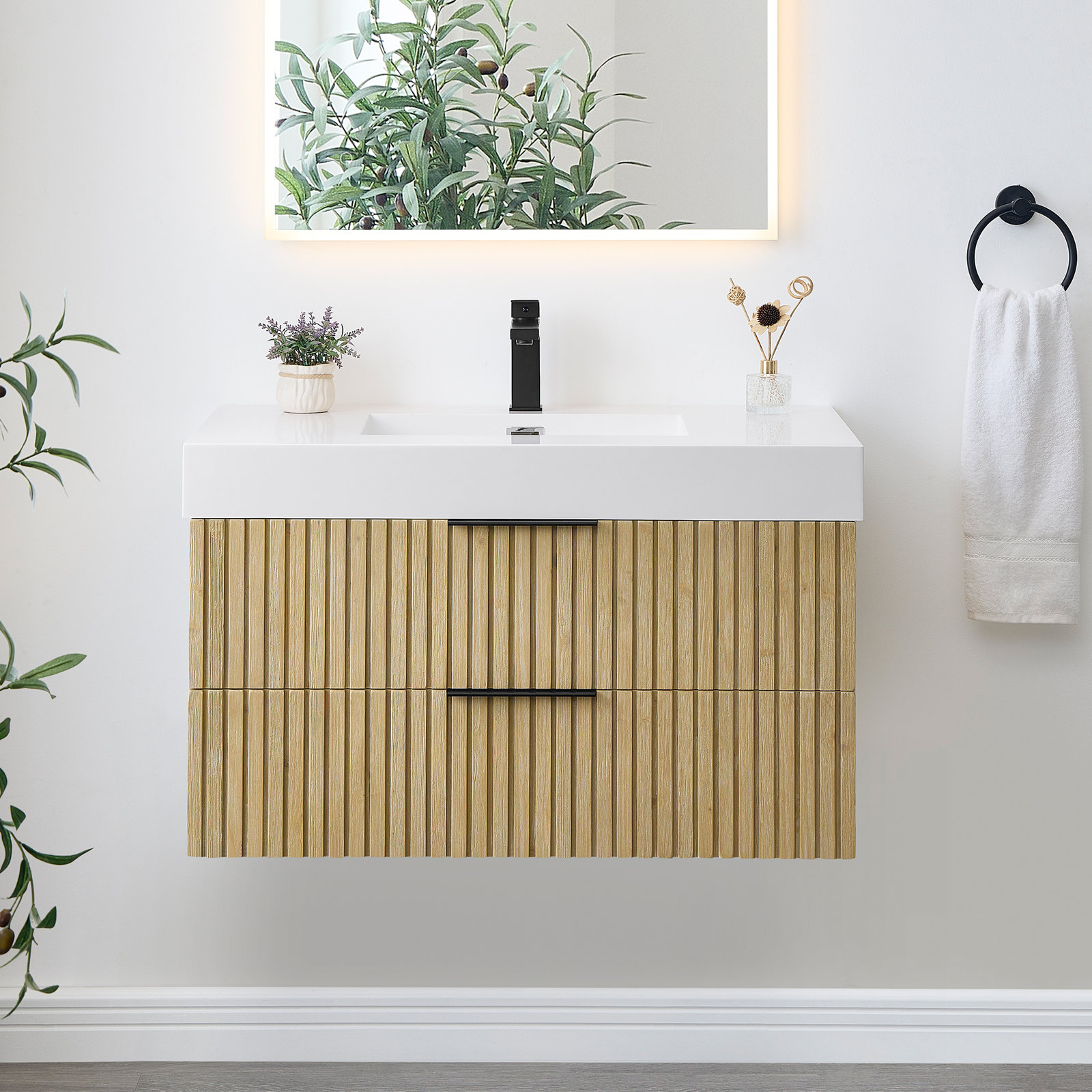 Noren 36" Wall-mounted Single Bathroom Vanity with White Artificial Drop-in Sink without Mirror