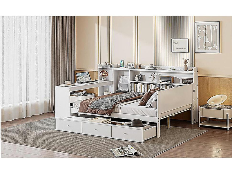 Canapé-lit en bois avec 3 tiroirs, ports USB et bureau, Lit double, Blanc