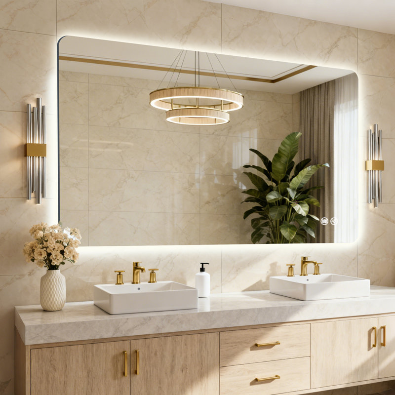 Miroir de salle de bain à DEL rétroéclairé en verre trempé, miroir de salle de sport, équipé d'une fonction antibuée, supportant trois réglages de température de couleur et une gradation continue.