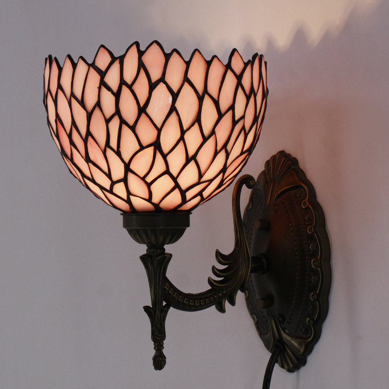 Tiffany Wall Sconce Lamp Stained Glass 8X10.5X11 Inch Plug in Wall Bedside Light for Hallway Bedroom (Pink Wisteria Style)