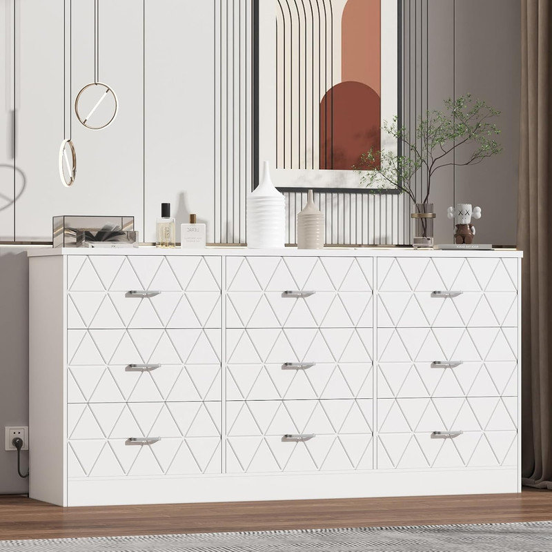 63" 9-Drawer Dresser with Power Outlet - Modern Charging Station & Storage for Bedroom & Living Room, White