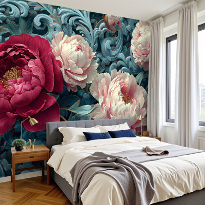Papier peint à peler et coller de style rétro avec motifs floraux rouge foncé et pivoines bleu sarcelle, feuilles murales H 100 po x l 144 po, papier peint amovible en PVC, adhésif mural pour chambre à coucher, bureau à domicile