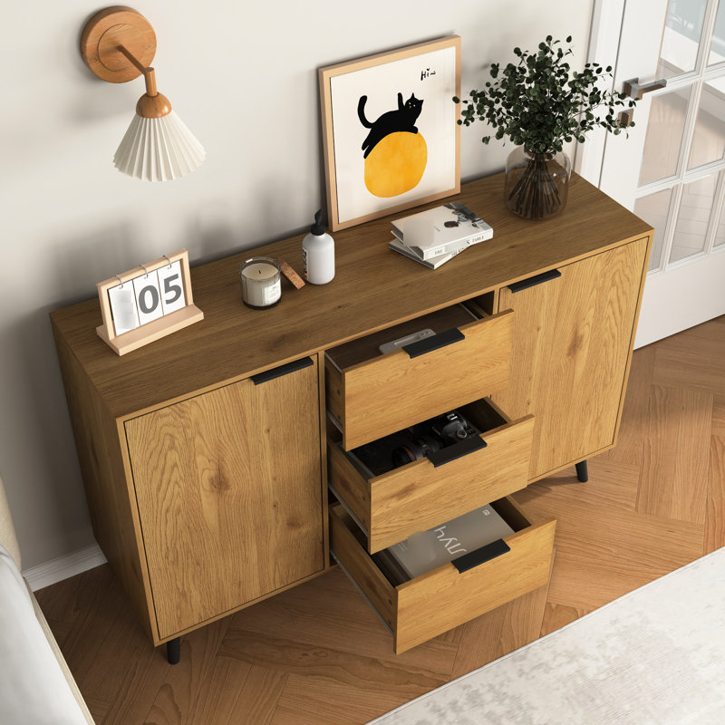 Buffet 47,2 po, cuisine avec solutions de rangement efficaces, 3 tiroirs et 2 portes, couleur bois naturel, armoire de rangement robuste, buffet, structure stable