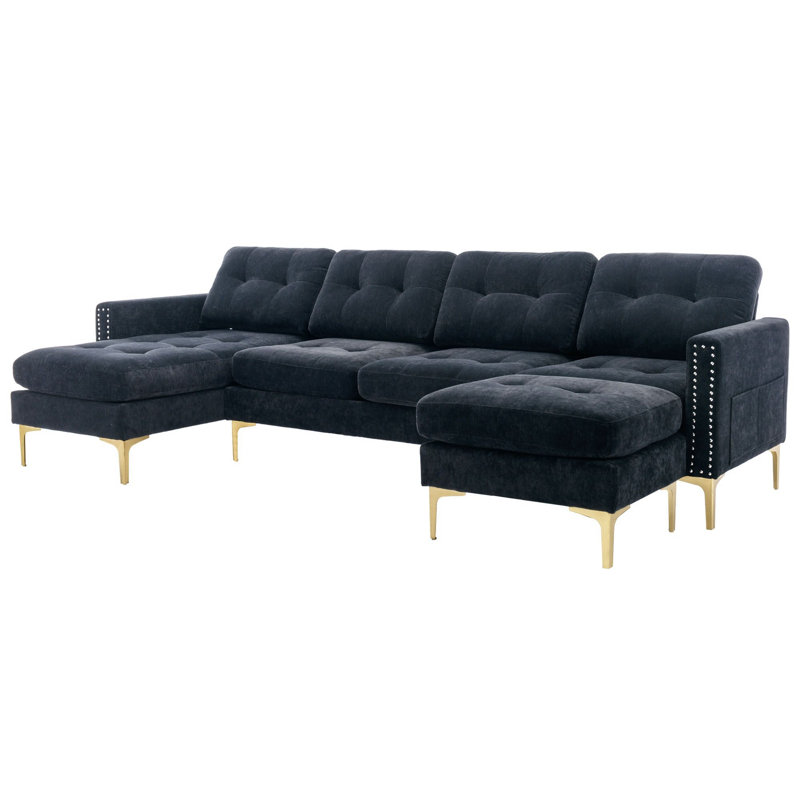 Canapé modulaire 3 pièces Jiuliana, Velours noir, Gold 