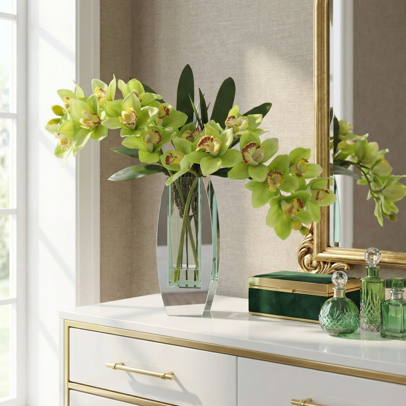 Arrangement d'orchidées dans un vase miroir, Vert