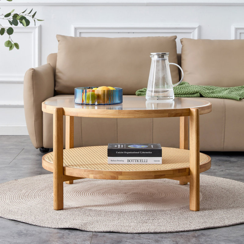 Table à thé circulaire moderne à double couche avec motif tissé en rotin
