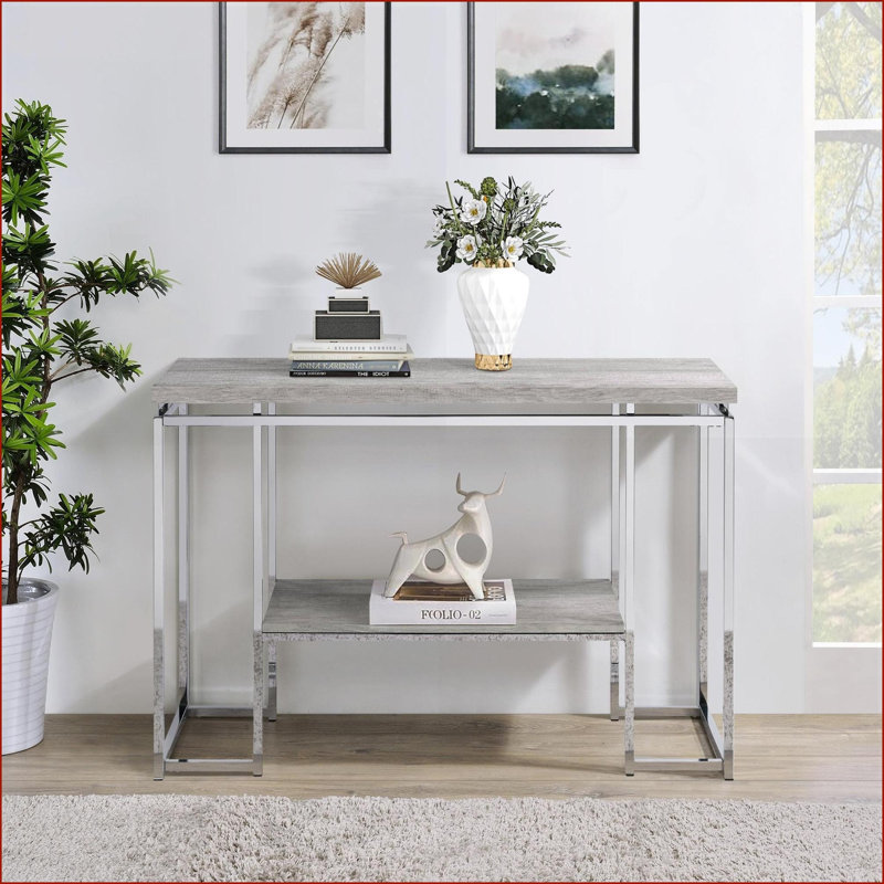 Table basse de salon en chêne naturel et chrome avec rangement ouvert