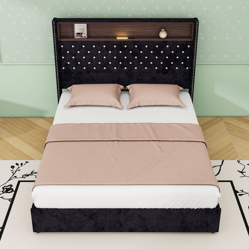 Lit plateforme tapissier avec port USB et veilleuse, Noir, Grand