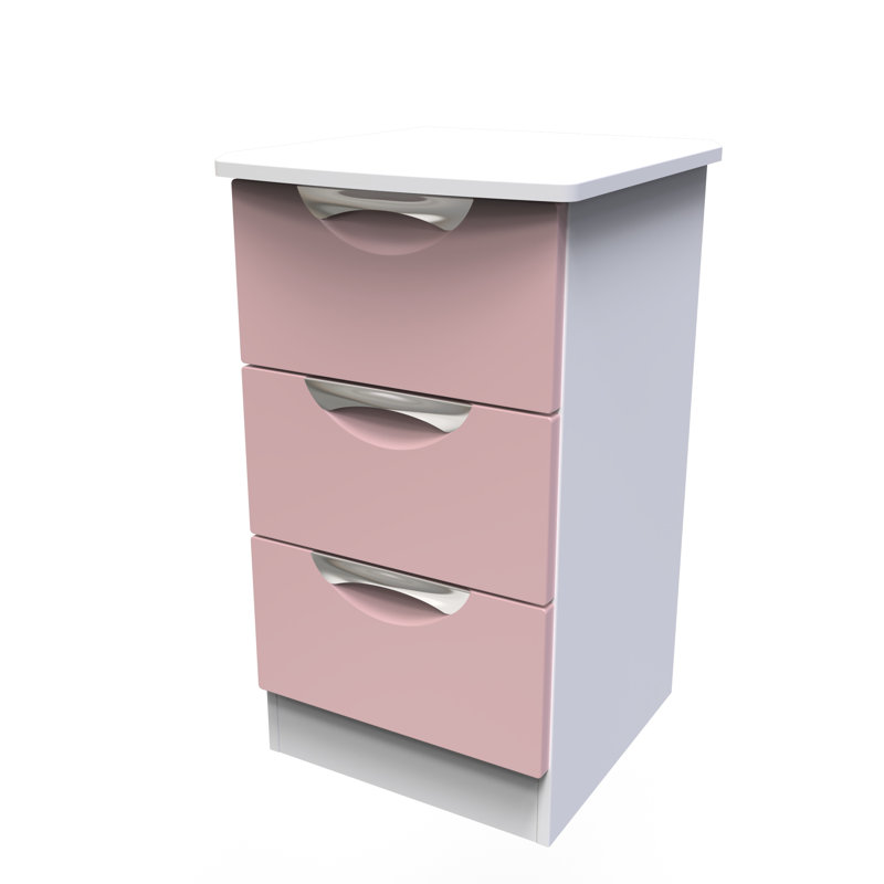 Fully Assembled Lebay 3 Drawer Bedside Table, Pink, White