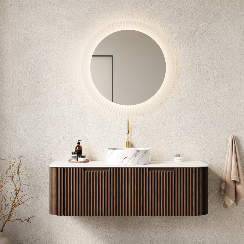 Meuble-lavabo rond blanc en céramique 48 po, armoire avec 2 tiroirs, finition noyer foncé, système de fermeture en douceur, comptoir facile à installer, système
